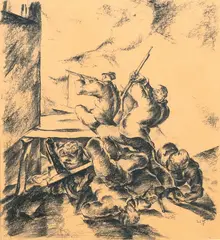 Straßenkampfszene by Wilhelm Kohlhoff, 1915, Kohlezeichnung, sold Sep 2024