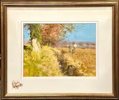 Untitled by John Haskins, oil on board behind glass of a gamekeeper and farmer meeting in a field, sold Jan 2023