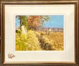 Untitled by John Haskins, oil on board behind glass of a gamekeeper and farmer meeting in a field, sold Jan 2023