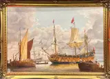 Untitled by John Cotgrove, oil on board of historic ships, sold Jan 2023