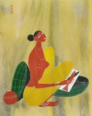 Fisherwoman by Rasik Raval, Mixed media on paper, sold Mar 2025