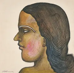 Head of a Girl by Jogen Chowdhury, Pencil, ink and pastel on paper, sold Mar 2025
