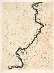 Dividing Line by Zarina, 2001, Woodcut on handmade paper laid on paper, sold Mar 2025