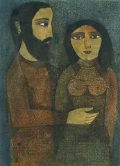 Untitled (Couple) by Badri Narayan, Ink and watercolour on paper, sold Mar 2025