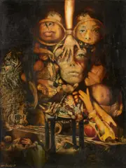 Surrealist Dream by Bikash Bhattacharjee, Mixed media and collage on board, sold Mar 2025