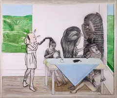 La tondeuse by Pat Andrea, 1999, Aquarelle, pastel gras et technique mixte sur papier fixé sur panneau dans un encadrement en plexiglas, sold Jan 2025