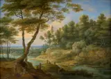 Paysage de marais animé de personnages by Lucas van Uden, Huile sur panneau de chêne, une planche, sold Apr 2025