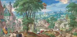 Paysage avec la parabole de l'homme riche by Hans Bol, Gouache et or sur vélin tendu sur panneau de chêne, sold Apr 2025