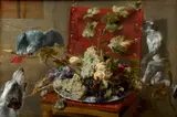 Plat de fruits sur une chaise entourée d'un perroquet, d'un singe et d'un chien by Frans Snyders, Huile sur panneau de chêne, parqueté, sold Apr 2025