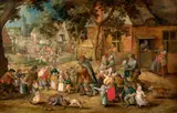 Le joueur de cornemuse et les enfants by Pieter Brueghel, Huile sur panneau de chêne, parqueté, sold Apr 2025