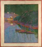 Barques de pêcheurs au mouillage dans le port de Brigneau by Émile Jourdan, 1914, Huile sur panneau de résineux, cinq planches parquetées, sold Apr 2025