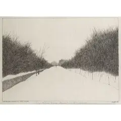 Winterlandschaft mit wanderer by Paul Flora, 1999, ink, sold Jun 2024
