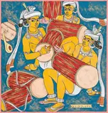Drummers by A. A. Almelkar, Gouache on card pasted on mount board, sold Dec 2023