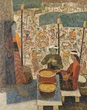 Untitled (Market Place) by K. K. Hebbar, Oil on canvas, sold Sep 2023
