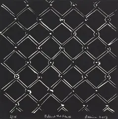 Behind the Fence by Zarina, 2017, Woodcut on BFK light paper mounted on Arches Black paper pasted on mount board, sold Sep 2023