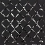 Behind the Fence by Zarina, 2017, Woodcut on BFK light paper mounted on Arches Black paper pasted on mount board, sold Sep 2023