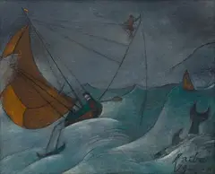 Shark Hunting by A. A. Raiba, 2005, Oil on jute, sold Jun 2023