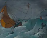 Shark Hunting by A. A. Raiba, 2005, Oil on jute, sold Jun 2023