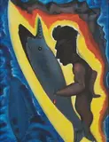 Man and Fish by Surendran Nair, Oil on canvas, sold Jun 2023