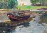 Boot am Flussufer by Thomas Herbst, Öl/Karton, sold Sep 2024