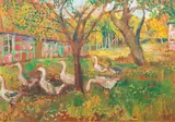 Gänse im Bauerngarten by Lisel Oppel, 1959, Öl/Hartfaser, sold Sep 2024