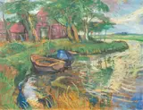 Boote an der Hamme bei Neu-Helgoland by Lisel Oppel, 1957, Öl/Karton, sold Sep 2024