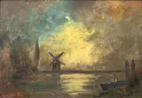 Mühle im Mondlicht by Louis Douzette, Öl/Karton, sold Sep 2024