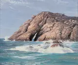 Felsige Küste vor Galapagos by Johannes Holst, 1960, Öl/Lw, sold Sep 2024