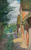 Rote Häuser in Alkersum auf Föhr by Otto Heinrich Engel, 1901, Pastell, sold Nov 2024