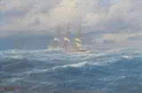 Vollschiff - Sturm abreitend by Johannes Holst, Öl/Lw, sold Nov 2024