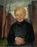 Die Mutter der Künstlerin, Meta Laserstein vor Häusern by Lotte Laserstein, Öl/Stofftuch, sold Feb 2024