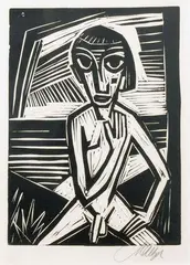 Sitzender Knabenakt by Emil Maetzel, Linolschnitt, sold Feb 2024