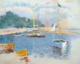Boote am Elbufer by Paul Kayser, Öl/Lw./Faserplatte, sold Feb 2024