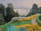 Blick von den Rainville-Terrassen auf die Elbe by Magnus Weidemann, 1917, Öl/Karton, sold Feb 2024