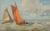 Tjalken unter Segel vor Norderney by Poppe Folkerts, 1930, Öl/Holz, sold Feb 2024