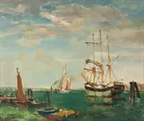 Schiffe im Hafen by Ulrich Hübner, Öl/Karton, sold Feb 2024