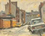 Harmstraße, Kiel by Michael Arp, 1986, Öl/Hartfaser, sold Feb 2024