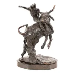 Untitled by Noah Beery Jr, bronze depiction of a bull rider. Dimensions: 10'h x 7, offered May 2024