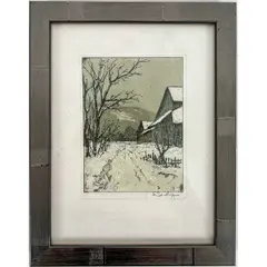 Untitled by Joseph Eidenberger, Color Etching depicting a snow covered farm road Dimensions: frame: 9, offered Mar 2024