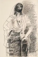 Untitled by K. M. Adimoolam, Charcoal and ink on paper, sold Jul 2025