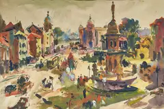 Bombay - Ruttonsee Muljee Jetha Fountain by S. H. Raza, Watercolour on paper, sold Sep 2025
