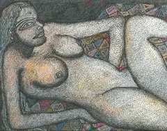 Woman Reclining I by Jogen Chowdhury, 1999, Ink and pastel on paper, sold Sep 2025