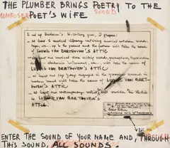 The plumber brings sound to the composer's wife by Robert Filliou, 1970, Encre de Chine, feutre et collage sur carton, sold Apr 2025