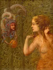 Eve tentée by Gustave Mossa, Huile sur panneau, une planche, sold Feb 2025