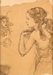 Etude pour Eve tentée by Gustave Mossa, Plume et encre brune, lavis brun sur trait de crayon sur calque, sold Feb 2025