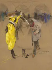 Surprise sur le corso by Gustave Mossa, Pastel, fusain et estompe sur papier bleu gris, sold Feb 2025