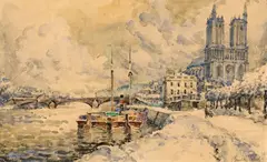 Vue de la cathédrale de Mantes-la-Jolie by Frank-Will, Aquarelle gouachée sur trait de crayon, sold Feb 2025