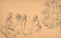 Joueurs de carte et buveurs d'après Thomas Rowlandson by Eugène Delacroix, Plume et encre de chine sur calque, sold Feb 2025