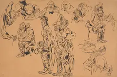 Etude de soldats et divers personnages d'après Thomas Rowlandson by Eugène Delacroix, Plume et encre de chine sur calque, sold Feb 2025