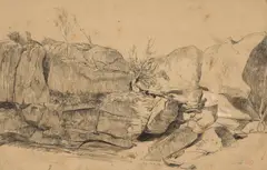 Le rocher du nid de l'aigle en forêt de Fontainebleau by Paul Huet, Crayon noir et rehauts de craie blanche, sold Feb 2025